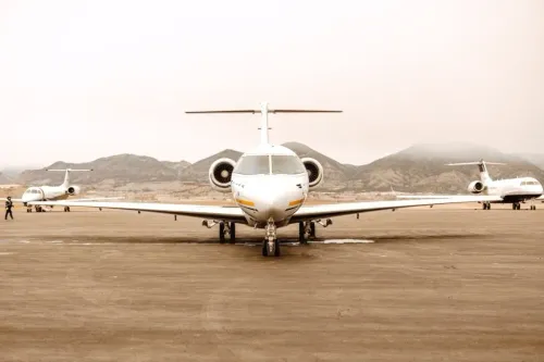 Head on shot of semi-private jet operated by Blade on the tarmac